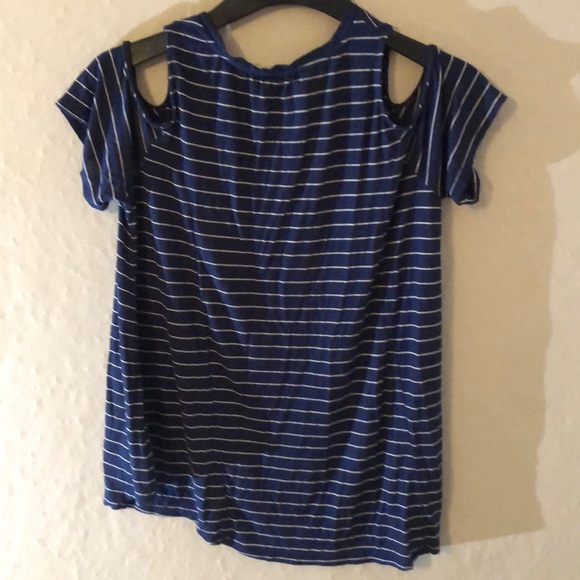 Blue and White Striped Open Shoulder Tee - Picture 7 of 8